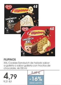 Oferta de Filipinos - XXL Cookies Sandwich De Helado Sabor O Galleta O Sabor Galleta Con Trocitos De Chocolate por 4,79€ en Supermercados Plaza