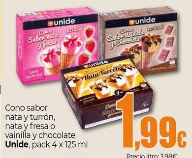 Oferta de Unide - Cono Sabor Nata Y Turrón, Nata Y Fresa O Vainilla Y Chocolate por 1,99€ en Unide Supermercados