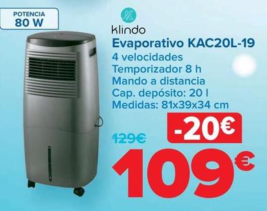 Oferta de Klindo - Evaporativo KAC20L-19 por 109€ en Carrefour