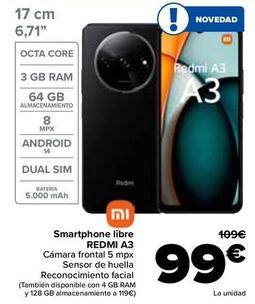 Oferta de Xiaomi - Smartphone Libre Redmi A3 por 99€ en Carrefour