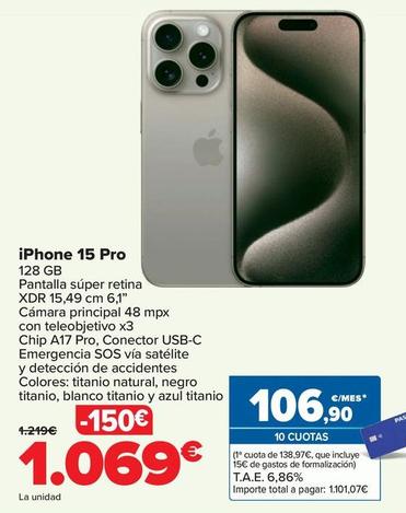 Oferta de Apple - iPhone 15 Pro por 1069€ en Carrefour