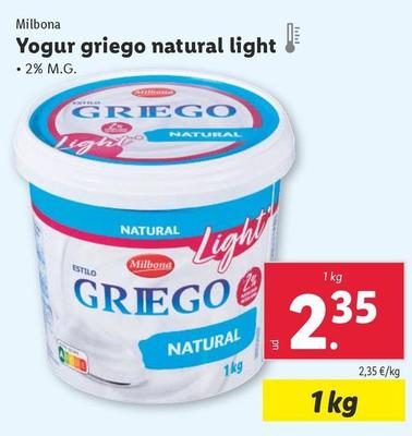Oferta de Milbona - Yogur Griego Natural Light por 2,35€ en Lidl
