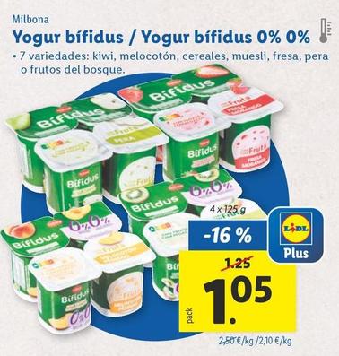 Oferta de Milbona - Yogur Bifidus / Yogur Bifidus 0% 0% por 1,05€ en Lidl