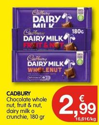 Oferta de Cadbury - Chocolate Whole Nut, Fruit & Nut, Dairy Milk O Crunchie por 2,99€ en CashDiplo