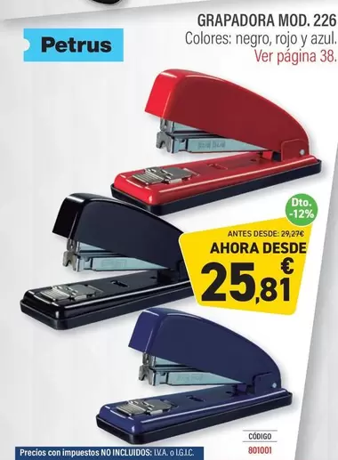 Oferta de Petrus - Grapadora Mod. 226 por 25,81€ en Carlin