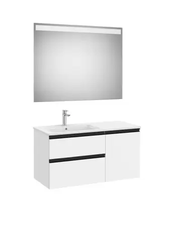 Oferta de Pack - mueble base asimétrico de dos cajones, una puerta con lavabo a la izquierda o a la derecha y espejo LED Eidos por 923,23€ en Roca