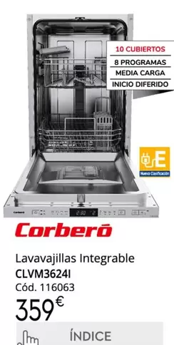 Oferta de Corberó - Lavavajillas Integrable CLM3624I por 359€ en Conforama