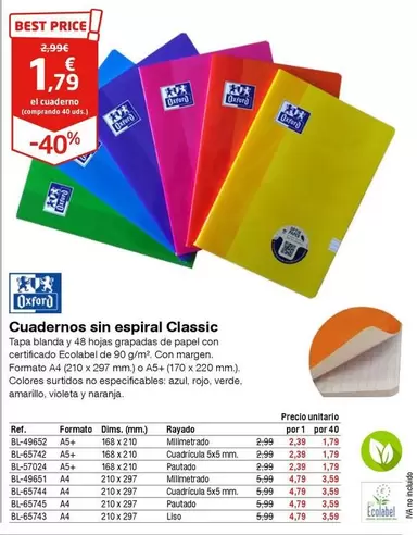 Oferta de Oxford - Cuadernos Sin Espiral Classic por 1,79€ en Staples Kalamazoo