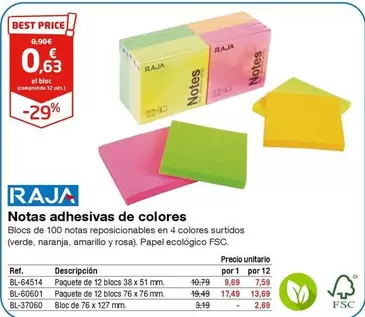 Oferta de Raja - Notas Adhesivas De Colores por 0,63€ en Staples Kalamazoo