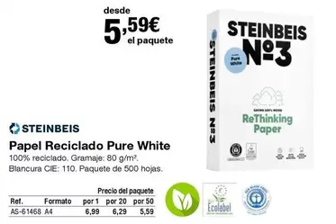 Oferta de Steinbeis - Papel Reciclado Pure White por 5,59€ en Staples Kalamazoo