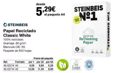 Oferta de Steinbeis - Papel Reciclado Classic White  por 5,29€ en Staples Kalamazoo