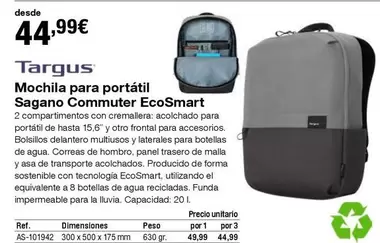 Oferta de Targus - Mochila Para Portatil Sagano Commuter Ecosmart por 44,99€ en Staples Kalamazoo