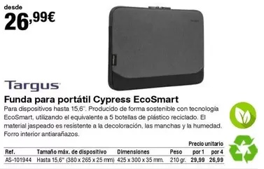 Oferta de Targus - Funda Para Portátil Cypress Ecosmart por 26,99€ en Staples Kalamazoo