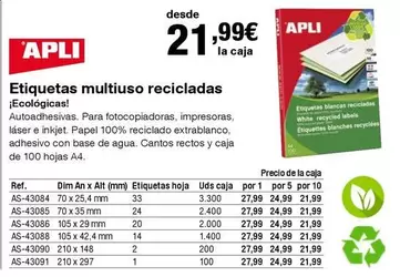 Oferta de Apli - Etiquetas Multiuso Recicladas por 21,99€ en Staples Kalamazoo