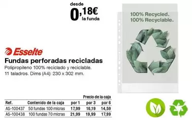 Oferta de Esselte - Fundas Perforadas Recicladas por 0,18€ en Staples Kalamazoo