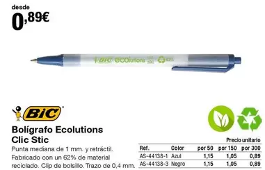 Oferta de BIC - Bolígrafo Ecolutions Clic Stic  por 0,89€ en Staples Kalamazoo