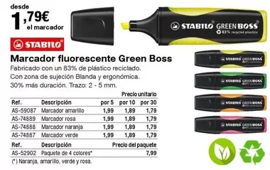 Oferta de Stabilo - Marcador Fluorescente Green Boss por 1,79€ en Staples Kalamazoo