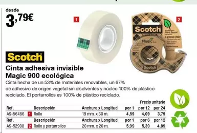 Oferta de Scotch - Cinta Adhesiva Invisible Magic 900 Ecológica por 3,79€ en Staples Kalamazoo