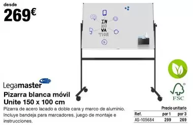 Oferta de  Legamaster - Pizarra Blanca Móvil Unite 150 X 100 Cm por 269€ en Staples Kalamazoo