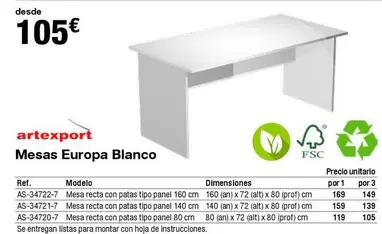 Oferta de Artexport - Mesas Europa Blanco por 105€ en Staples Kalamazoo