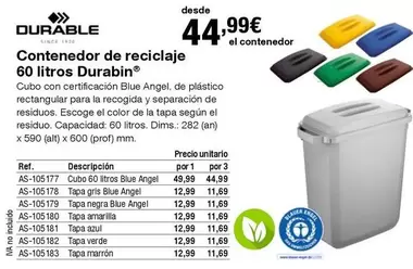 Oferta de Durable - Contenedor De Reciclaje Durabin por 44,99€ en Staples Kalamazoo