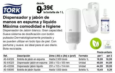 Oferta de Tork - Dispensador Y Jabón De Manos En Espuma Y Líquido Máxima Comodidad E Higiene por 9,39€ en Staples Kalamazoo