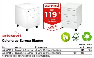 Oferta de Artexport - Cajoneras Europea Blanco  por 119€ en Staples Kalamazoo