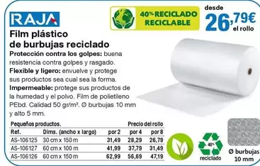 Oferta de Raja - Film Plástico De Burbujas Reciclado por 26,79€ en Staples Kalamazoo