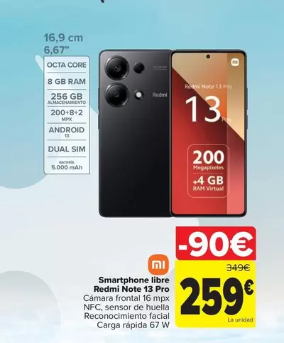 Oferta de Xiaomi - Smartphone Libre Redmi Note 13 Pro por 259€ en Carrefour