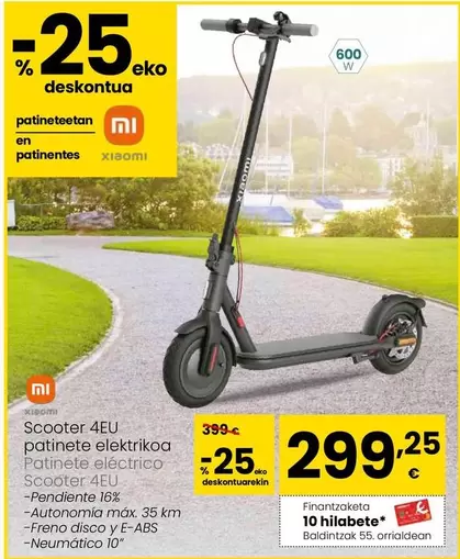 Oferta de Xiaomi - Patinete Eléctrico Scooter 4EU por 299,25€ en Eroski