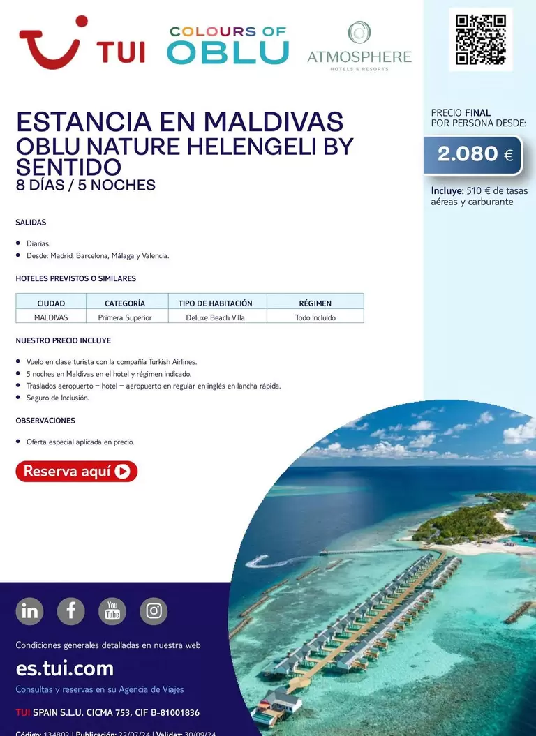 Oferta de Deluxe - Tui - Estancia En Maldivas Oblu Nature Helangeli By Sentido por 2080€ en Tui Travel PLC