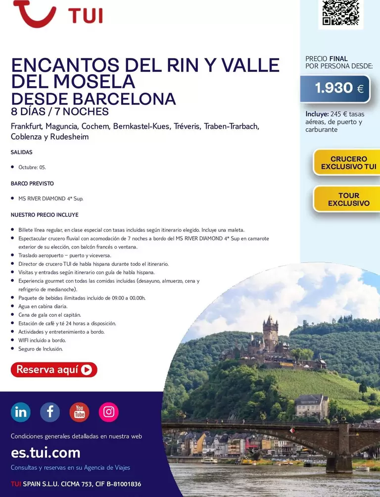 Oferta de Frankfurt - Tui - Encantos Del Rin Y Valle Del Mosela por 1930€ en Tui Travel PLC