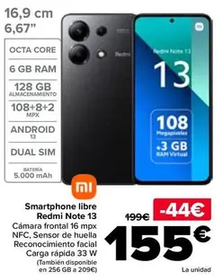 Oferta de Xiaomi - Smartphone Libre Redmi Note 13 por 155€ en Carrefour