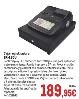 Oferta de Texto - Caja Registradora Er-180u por 189,95€ en Makro