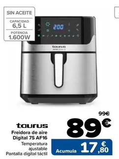 Oferta de Taurus - Freidora De Aire Digital 75 AF16 por 89€ en Carrefour