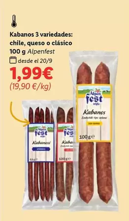 Oferta de Alpenfest - Kabanos 3 Variedades: Chile, Queso O Clasico por 1,99€ en Lidl