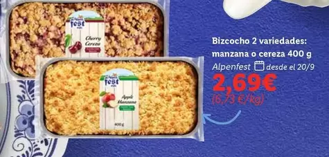 Oferta de Alpenfest - Bizcocho 2 Variedades: Manzana O Cereza por 2,69€ en Lidl