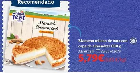 Oferta de Alpenfest - Bizcocho Relleno De Nata Con Capa De Almendras por 5,79€ en Lidl