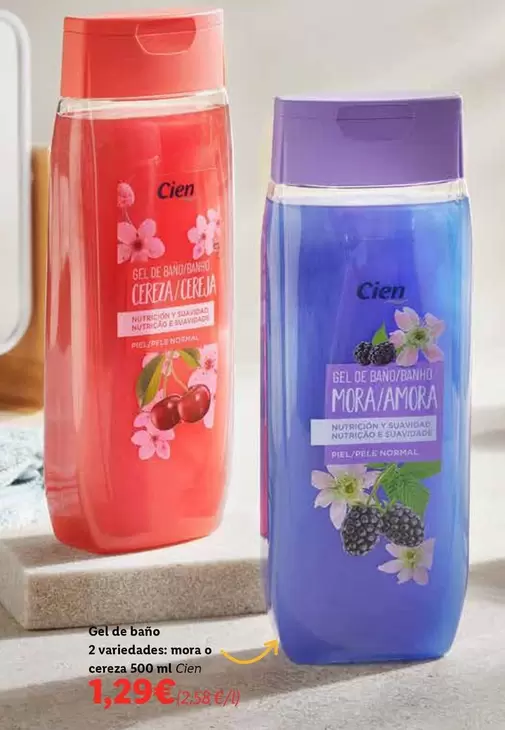 Oferta de Cien - Gel De Baño 2 Variedades:Mora O Cereza por 1,29€ en Lidl