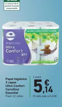 Oferta de Carrefour - Papel higiénico 3 capas Ultra Confort por 5,14€ en Carrefour Express