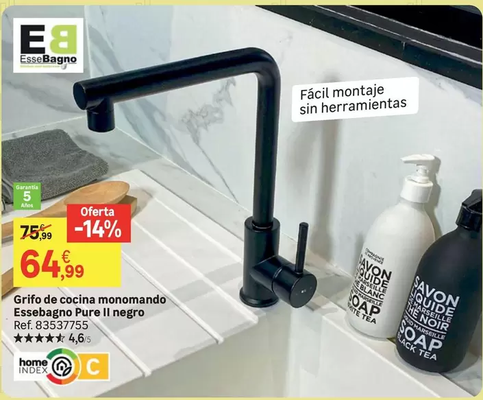 Oferta de Home - Home - Grifo De Cocina Monomando Essbegano Pure Ii Negro por 64,99€ en Leroy Merlin