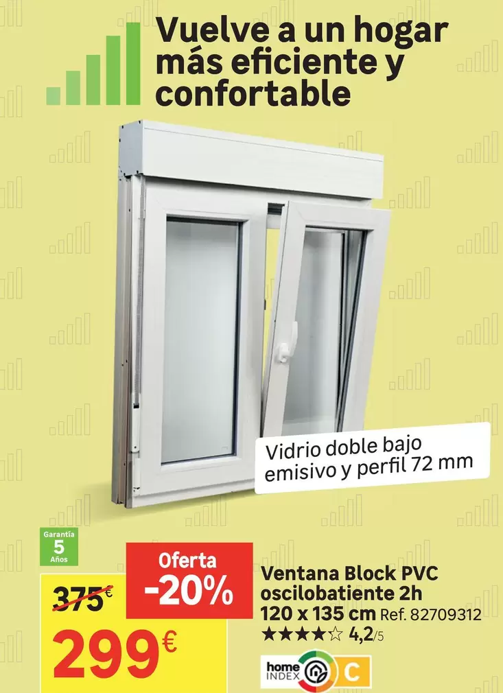 Oferta de Home - Ventana Block Pvc Oscillobatiente 2h 120 X 135 Cm por 299€ en Leroy Merlin