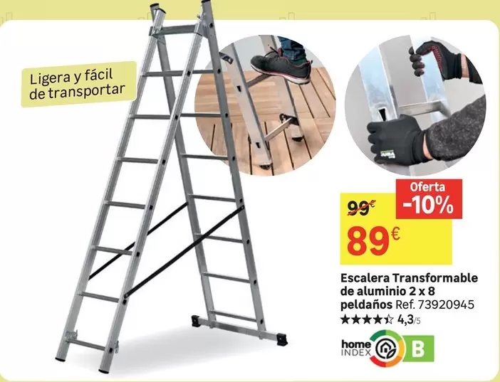 Oferta de Home - Escalera Transformable De Aluminio 2 X 8 Peldanos por 89€ en Leroy Merlin