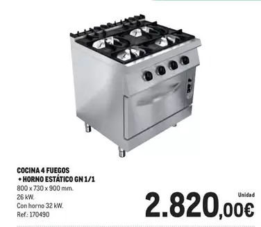 Oferta de Cocina 4 Fuegos Horno Estatico Gn 1/1 por 2820€ en Makro