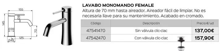 Oferta de Lavabo Monomando Female por 137€ en Isolana