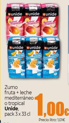 Oferta de Unide - Zumo Fruta + Leche Mediterráneo O Tropical por 1€ en UNIDE Alimentación