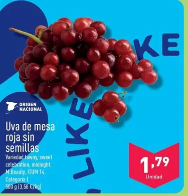 Oferta de Uva De Mesa Roja Sin Semillas por 1,79€ en ALDI