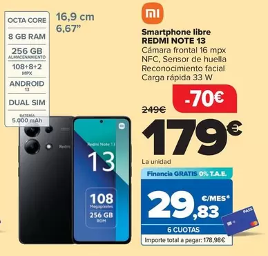 Oferta de Xiaomi - Smartphone Libre Redmi Note 13 por 179€ en Carrefour