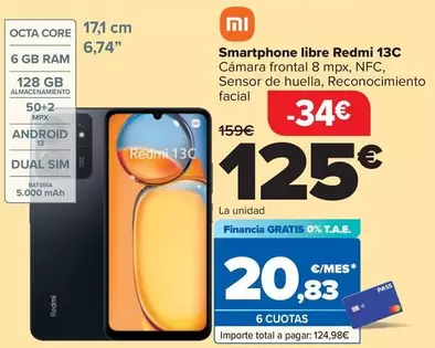 Oferta de Xiaomi - Smartphone Libre Redmi 13C por 125€ en Carrefour