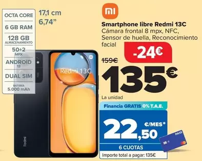 Oferta de Xiaomi - Smartphone Libre Redmi 13C por 135€ en Carrefour